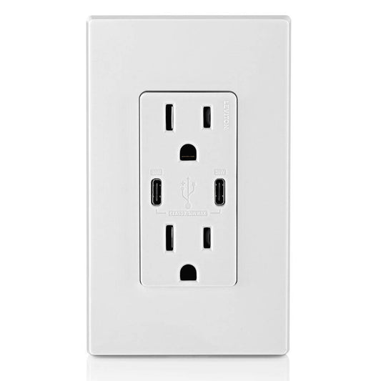 Leviton 120V 15A In Wall Receptacle with 2 x USB Type-C PD Charging Ports, White (T5635-W)