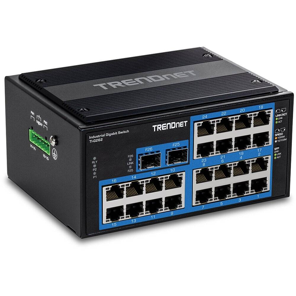 TRENDnet 26-Port Hardened Industrial Gigabit DIN-Rail Switch, 24 Gig, 2 Gig SFP (TI-G262)