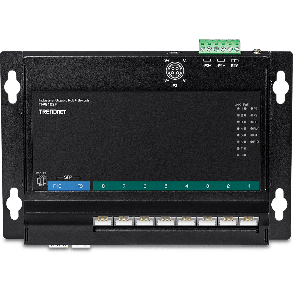 TRENDnet 10-Port Industrial Gigabit PoE+ Wall-Mount Front Access Switch (TI-PG102F)