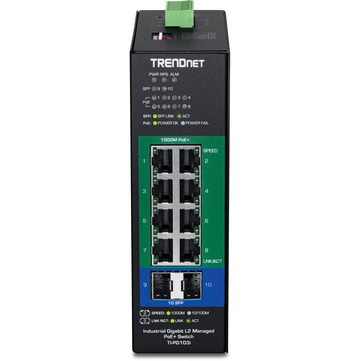 TRENDNet 10-Port Industrial Gigabit L2 Managed PoE+ DIN-Rail Switch 24 - 57V (TI-PG103I)