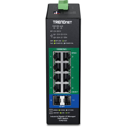 TRENDNet 10-Port Industrial Gigabit L2 Managed PoE+ DIN-Rail Switch 24 - 57V (TI-PG103I)