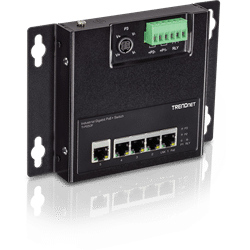Conmutador de acceso frontal industrial Gigabit PoE+ de 5 puertos TRENDnet (TI-PG50F) para montaje en pared