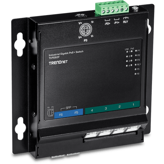 Conmutador de acceso frontal industrial Gigabit PoE+ de 6 puertos TRENDnet para montaje en pared (TI-PG62F)