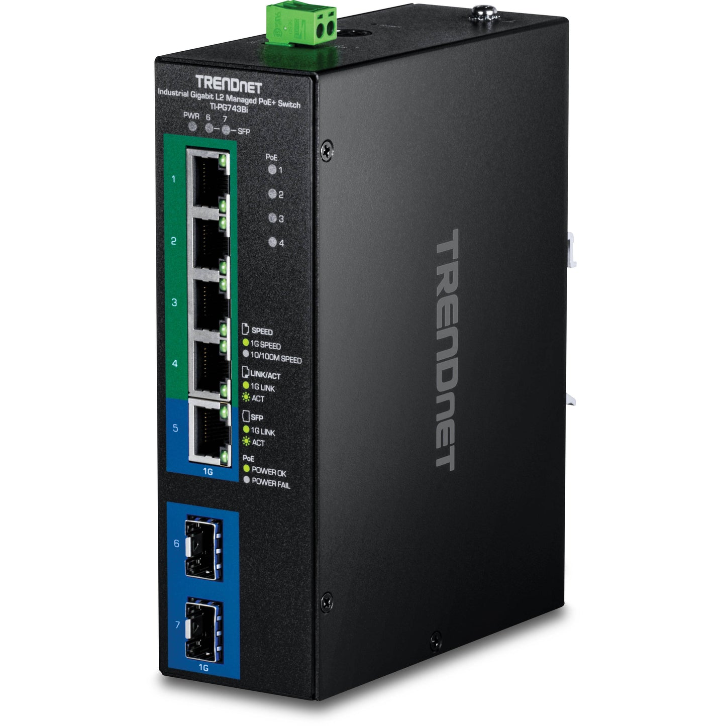 Commutateur industriel TRENDNet Gigabit L2 PoE+ 7 ports sur rail DIN, 24-57 V (TI-PG743BI)