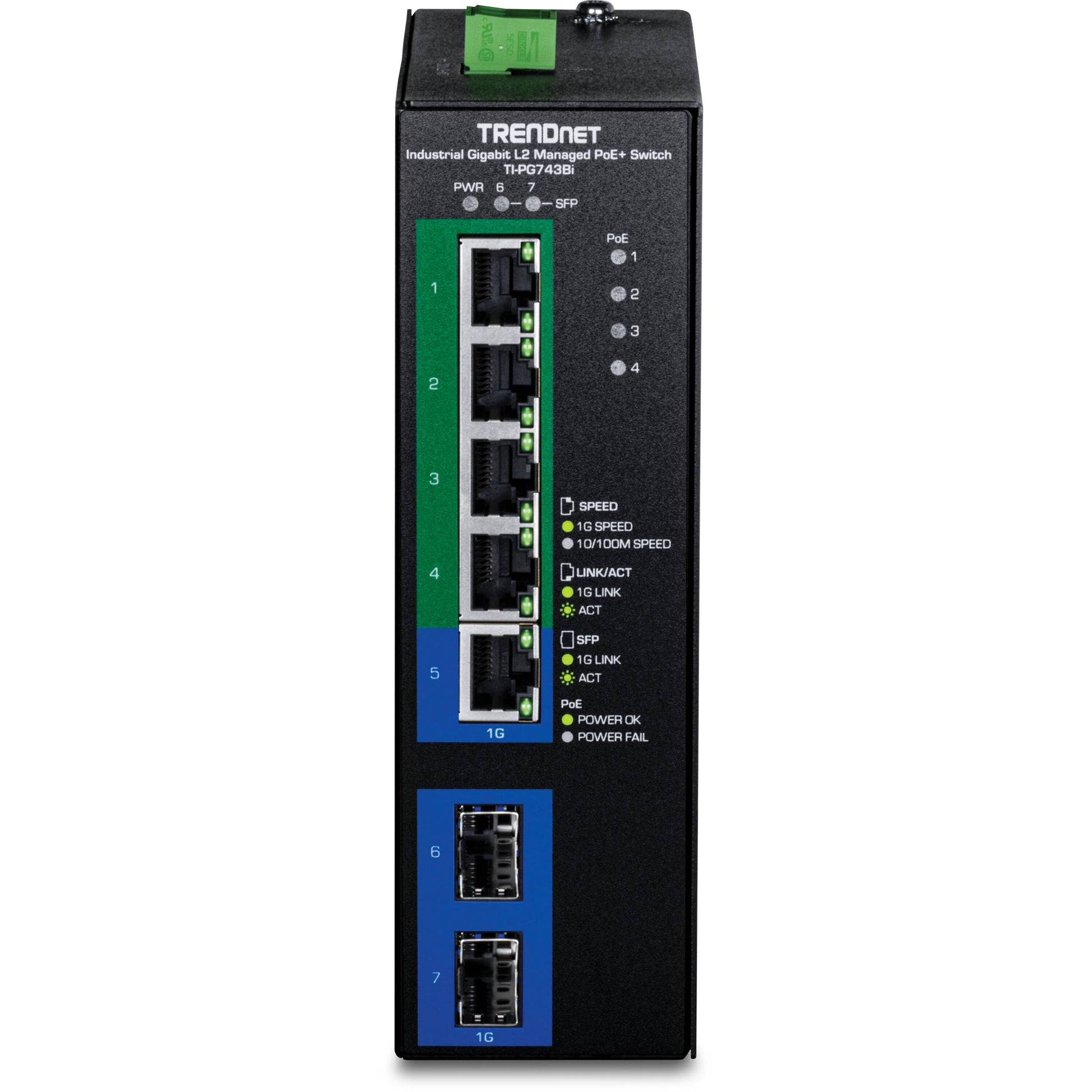 TRENDNet 7-Port Industrial Gigabit L2 Managed PoE+ DIN-Rail Switch 24 - 57V (TI-PG743BI)
