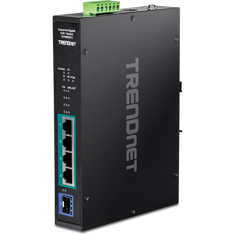 Conmutador industrial Gigabit PoE+ DIN-Rail TRENDnet de 5 puertos, -20 °C/65 °C (-4 °F/149 °F) (TI-PGM541)