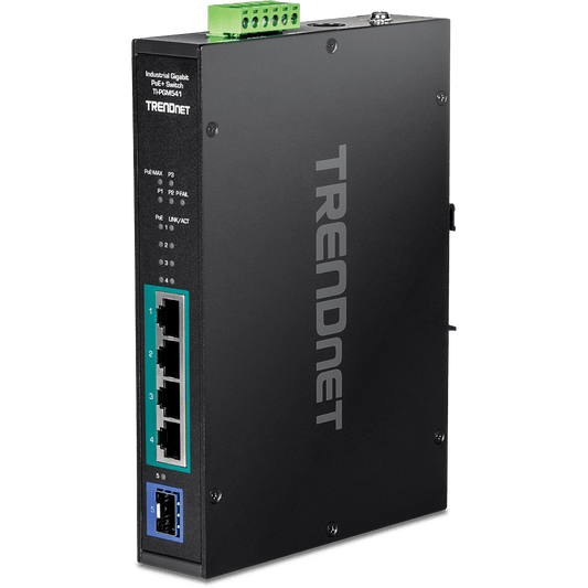 Conmutador industrial Gigabit PoE+ DIN-Rail TRENDnet de 5 puertos, -20 °C/65 °C (-4 °F/149 °F) (TI-PGM541)