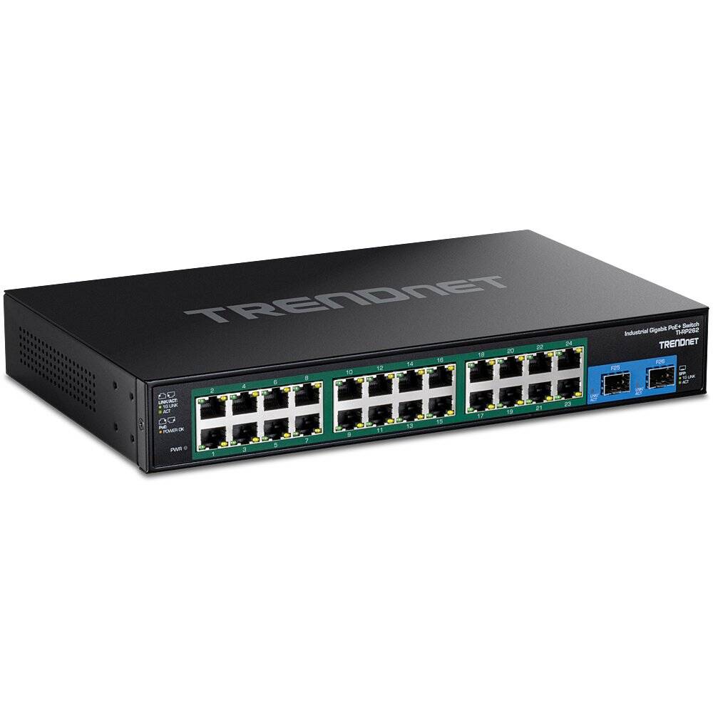 Conmutador industrial Gigabit PoE+ reforzado de 26 puertos TRENDnet, 24 Gigabit PoE+, 2 Gigabit SFP (TI-RP262)