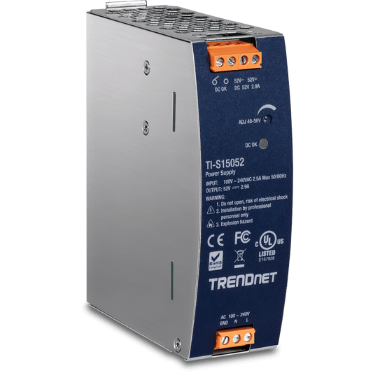 Fuente de alimentación TRENDnet de 150 W, 52 V CC, 2,89 A CA a CC para carril DIN con función PFC (TI-S15052)