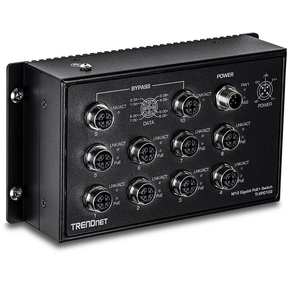 Conmutador ferroviario industrial TRENDnet EN50155 M12 Gigabit PoE+ de 10 puertos (TI-XPG102)