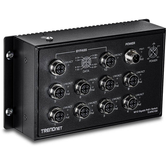 Conmutador ferroviario industrial TRENDnet EN50155 M12 Gigabit PoE+ de 10 puertos (TI-XPG102)