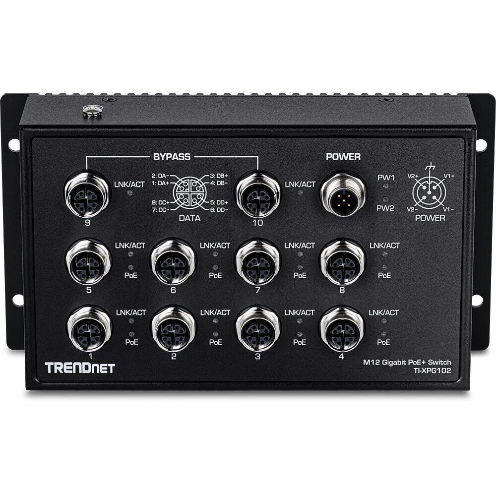 TRENDnet 10-Port Industrial EN50155 M12 Gigabit PoE+ Railway Switch (TI-XPG102)