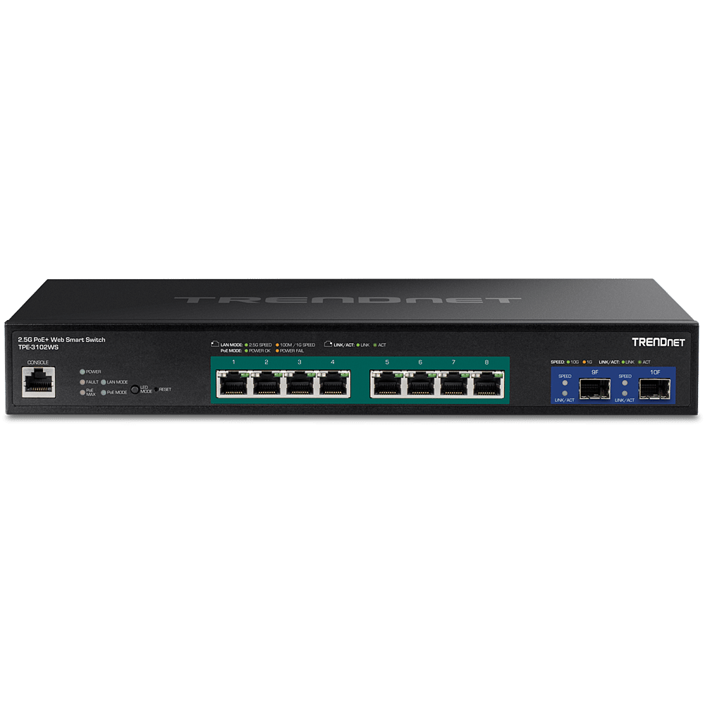 TRENDnet 10-Port 2.5G Web Smart PoE+ Switch with 10G SFP+ Slots (TPE-3102WS)