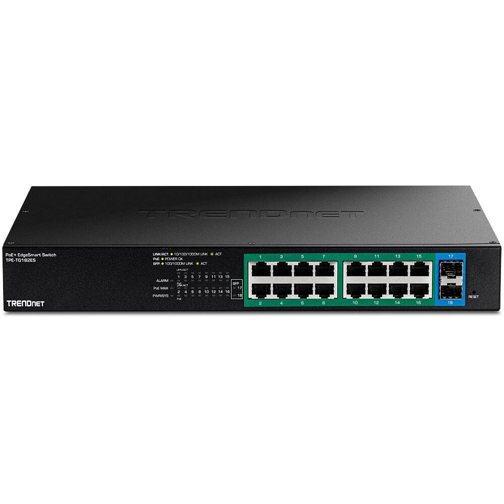 TRENDnet 18-Port Gigabit EdgeSmart PoE+ Switch, 16 Gigabit PoE+, 2 x Gigabit SFP (TPE-TG182ES)
