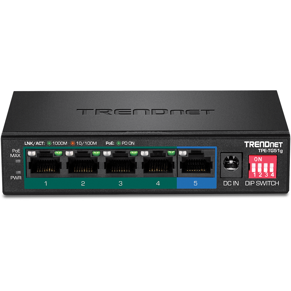 TRENDnet 5 Port Gigabit PoE+ Switch, 4 PoE+ Ports, Desk / Wall Mount (TPE-TG51G)