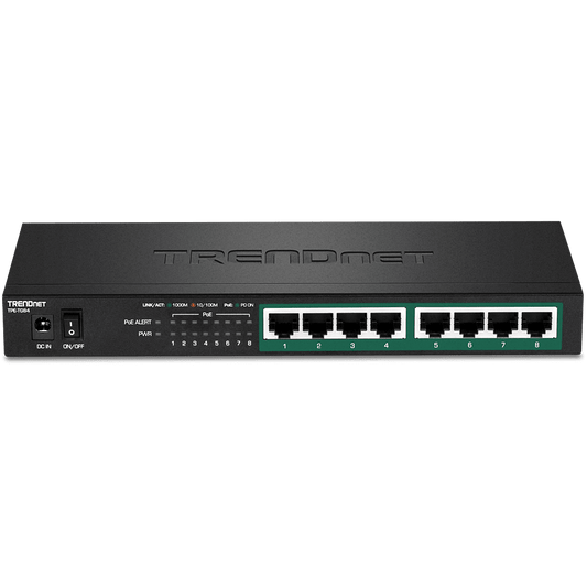 TRENDnet 8 Port Gigabit PoE+ Switch, Fanless, Shelf / Wall Mountable (TPE-TG84)